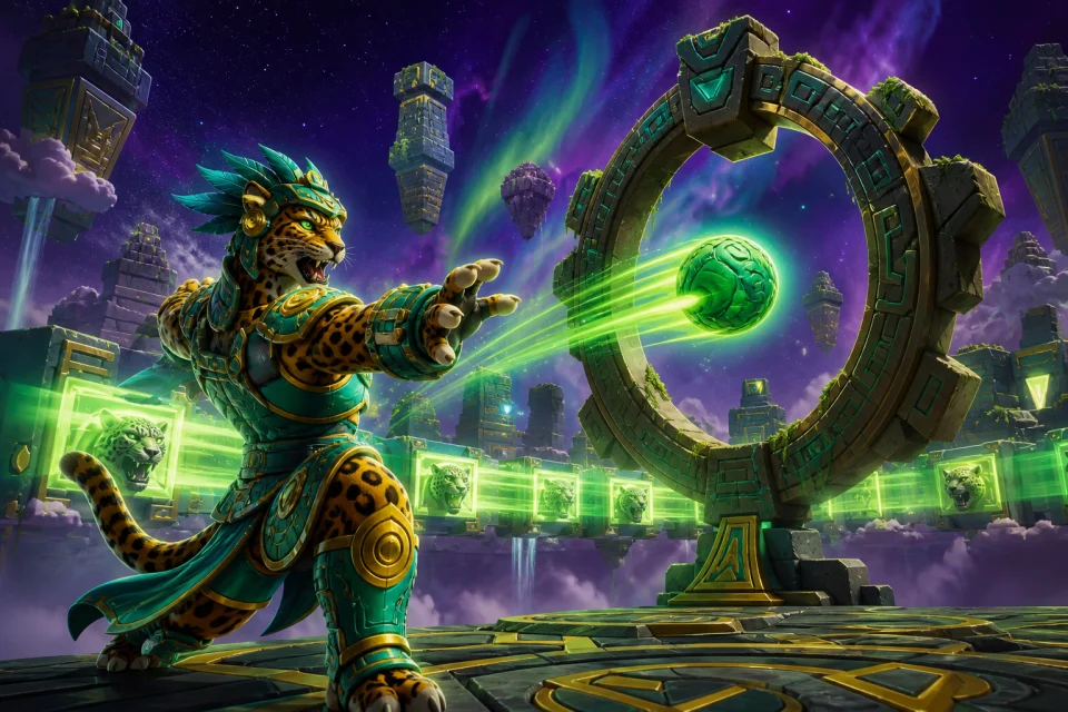 A celestial stone arena built around a jade comet hoop