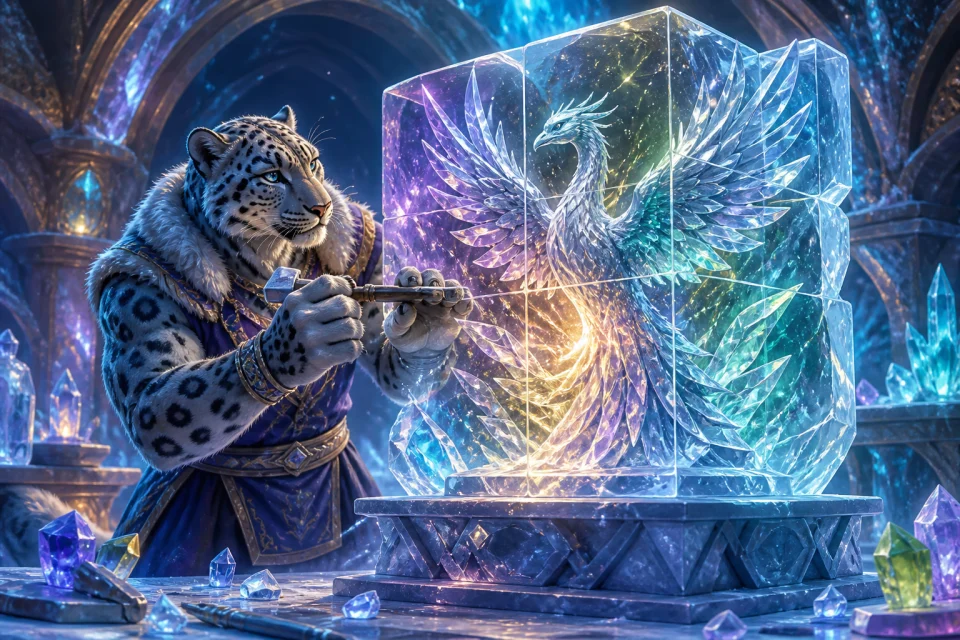 An alpine ice studio carving a monumental crystal phoenix