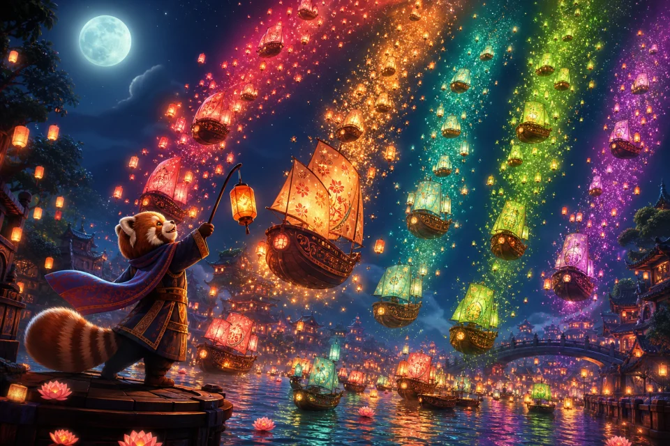 A fleet of painted lantern ships rising above a moonlit canal