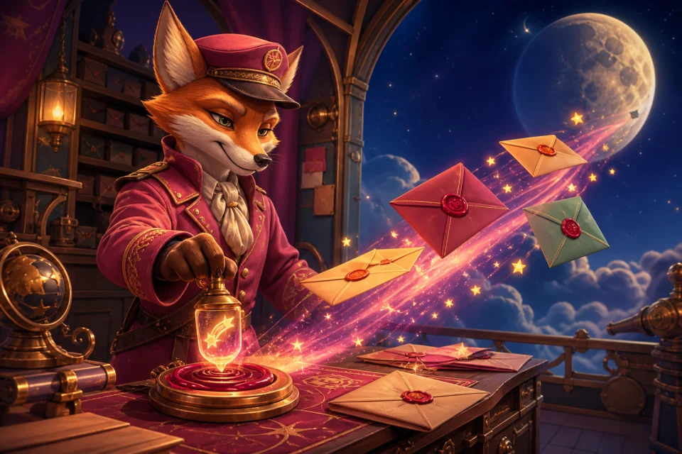 A lunar courier workshop of enchanted letters and wax seals