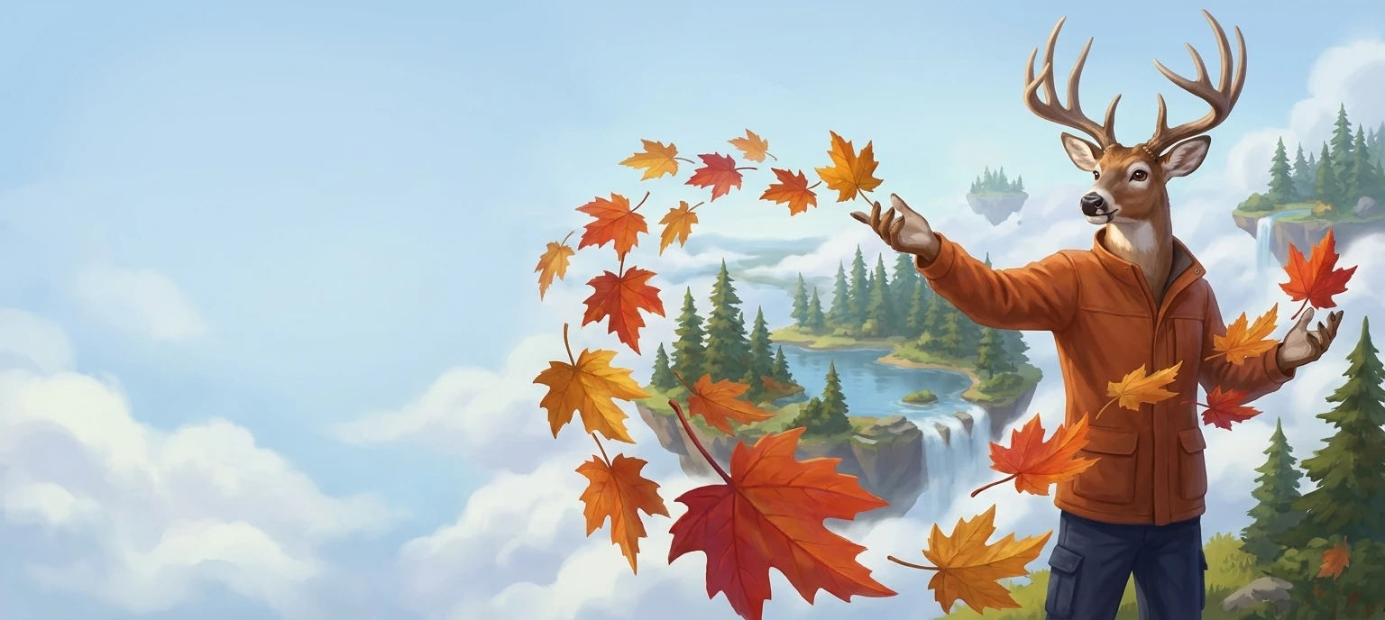 A deer explorer guides colourful maple leaves between floating Canadian forest islands